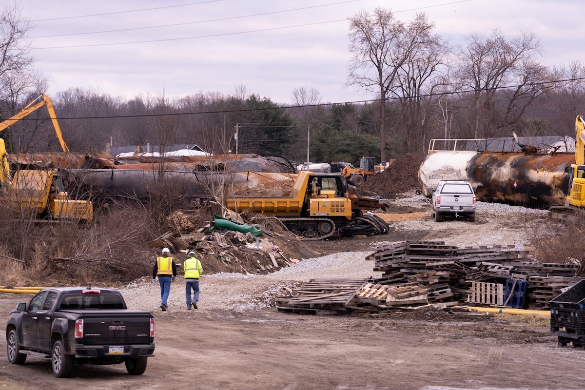 Ohio EPA and other cleanup crews work at the Norfolk Southern train derailment site in East Palestine, Ohio