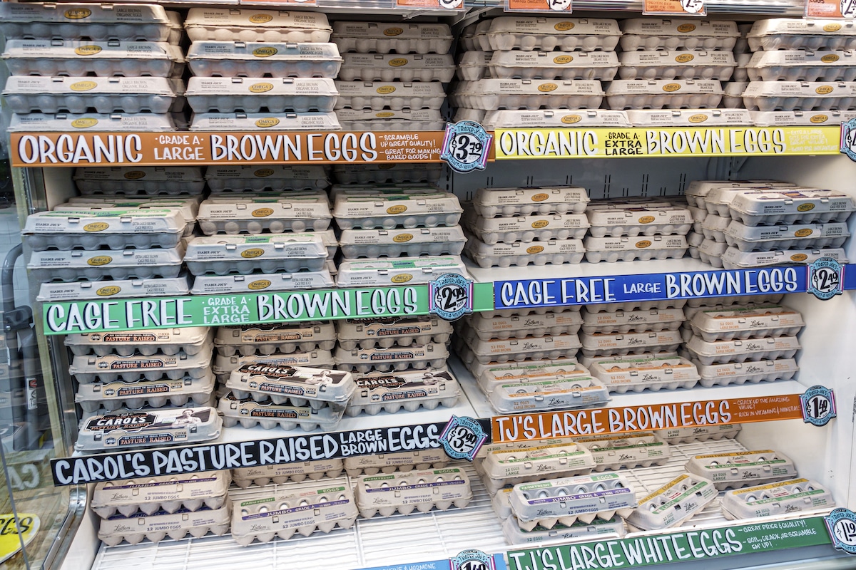 A variety of eggs for sale at a Trader Joe’s store, including organic, cage-free and pasture-raised.