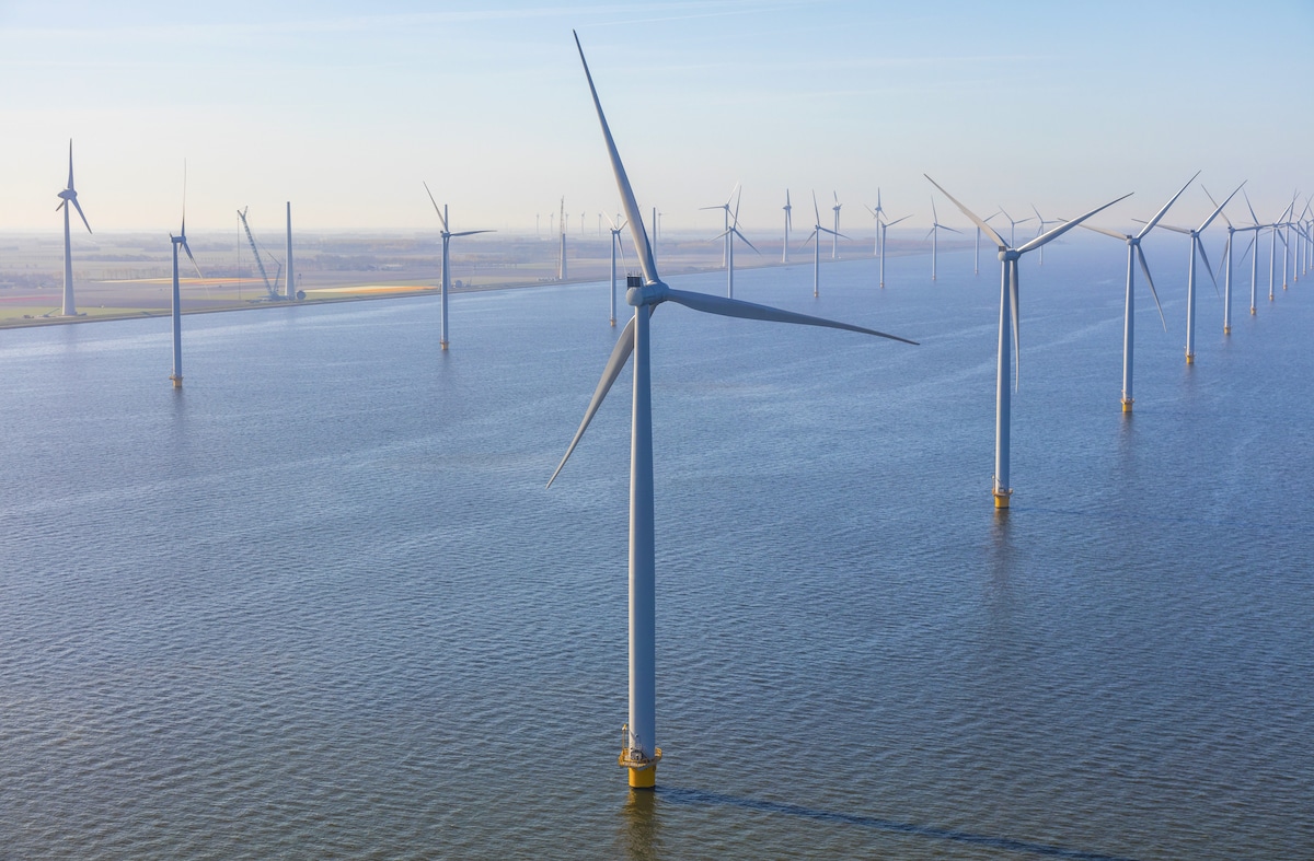 Aerial view of offshore wind turbines in the North Sea, the Netherlands