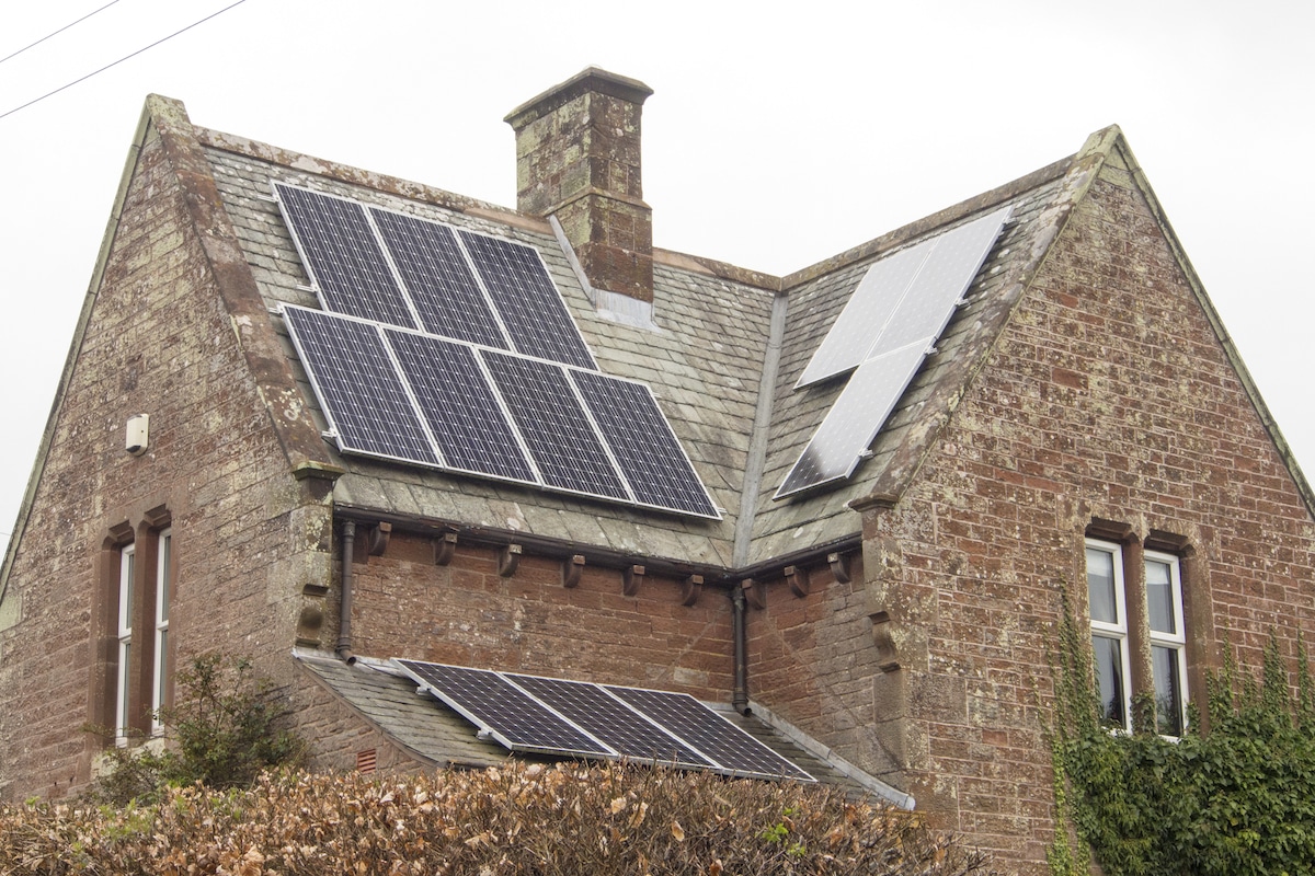 Solar panels on a house in Little Salkeld, Cumbria, UK