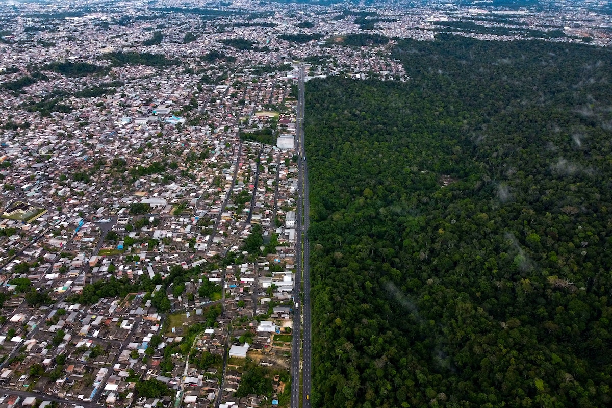 Aerial view of the Adolpho Ducke Forest Reserve in the Amazon rainforest, next to houses in the neighborhood Cidade de Deus in Manaus, Amazonas state, Brazil
