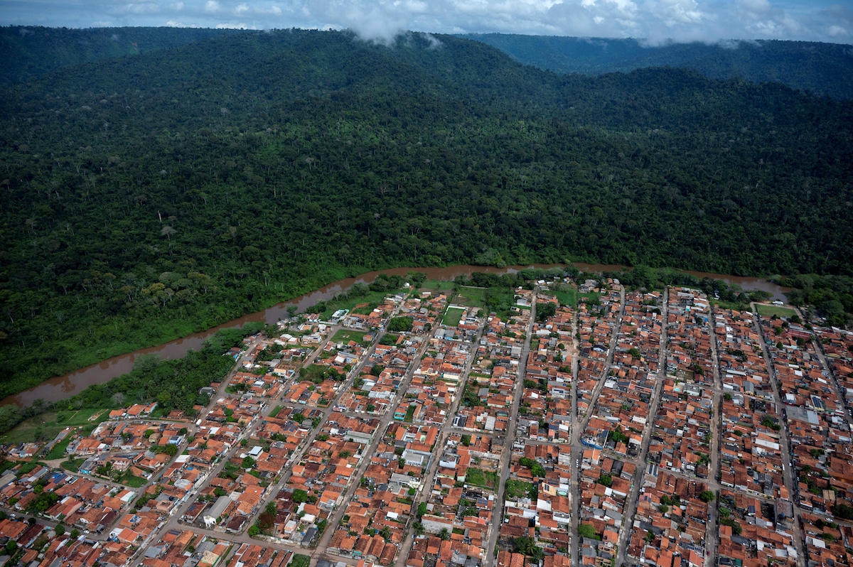 Aerial view of the city of Parauapebas surrounded by Amazon rainforest, in Para state, Brazil