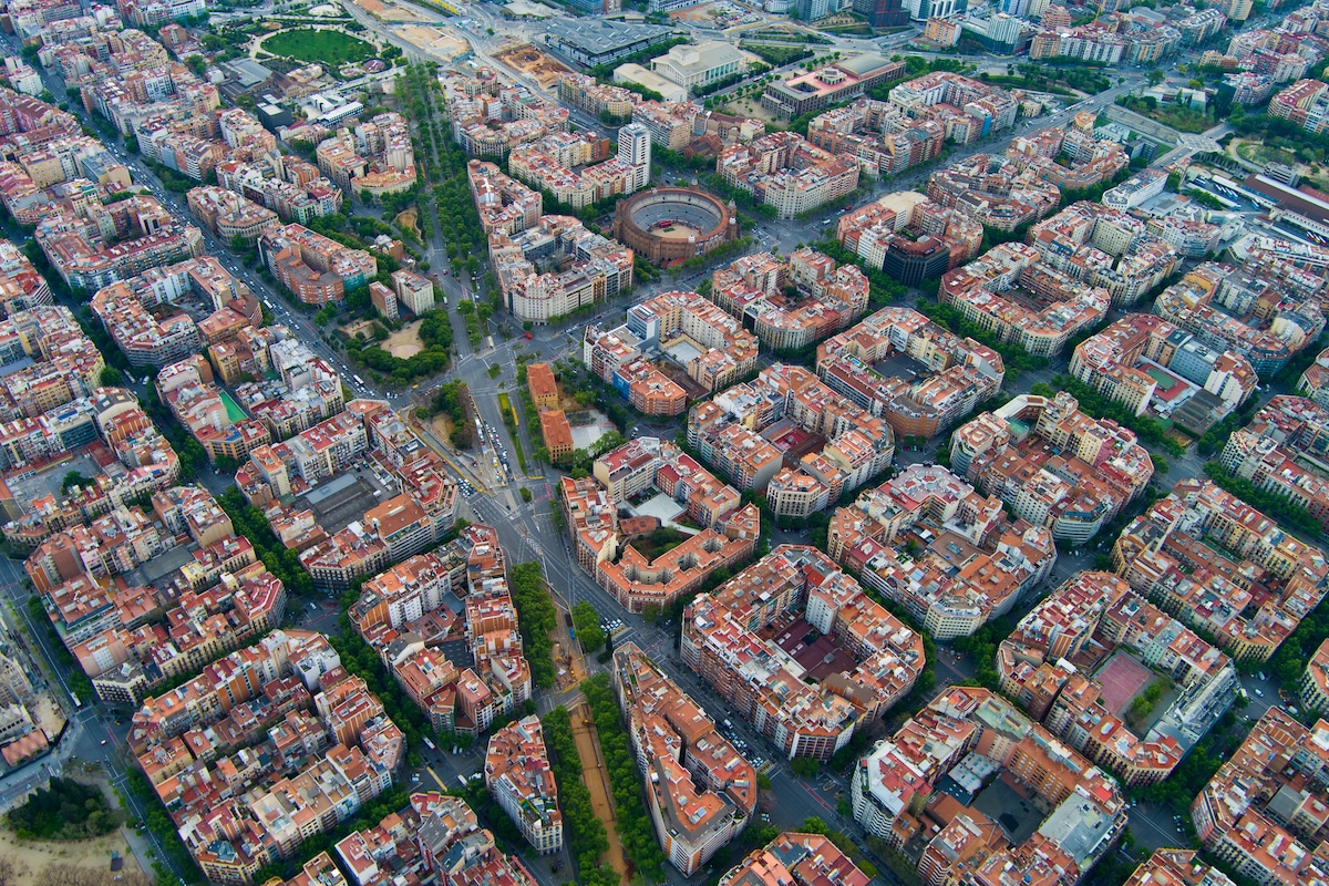 An aerial view of the urban grid in Barcelona, Spain