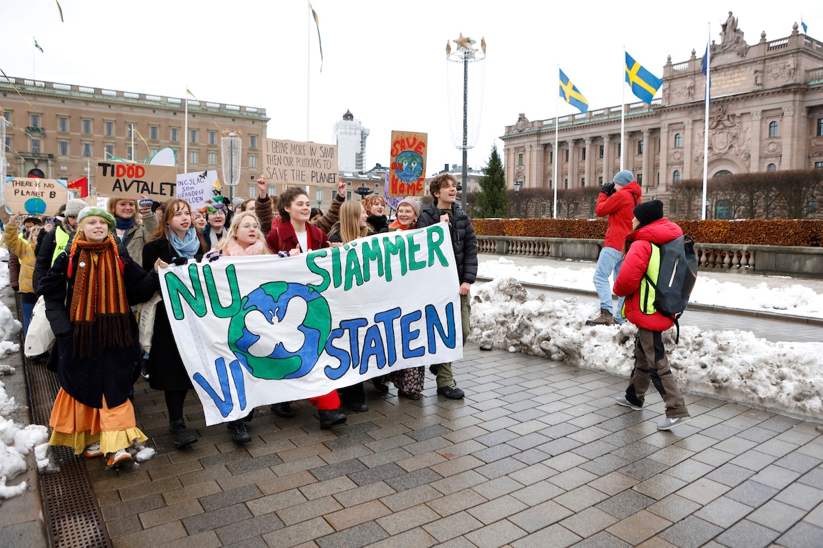 A climate demonstration called by youth-led organization Auroras before it submitted its lawsuit against the state for their lack of climate work, in Stockholm, Sweden
