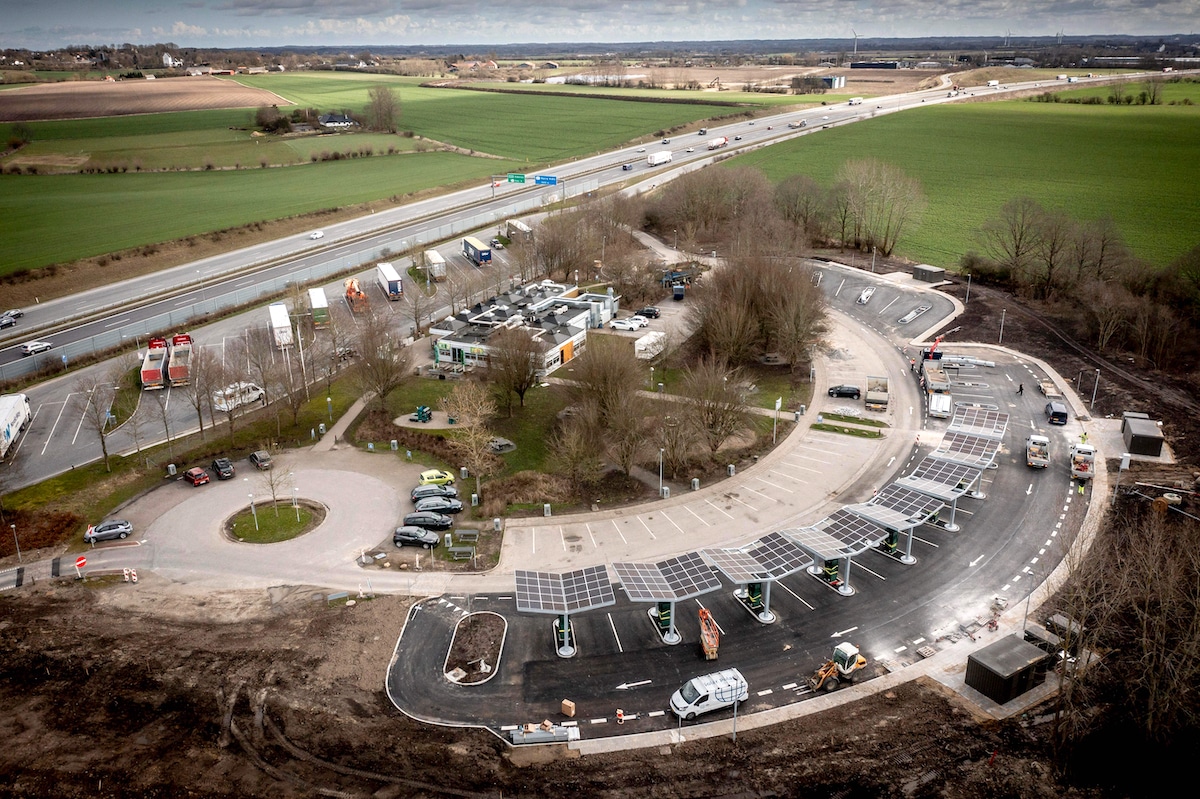 Aerial view of a new charging park for electric cars at the Lillebaelt Syd rest area on the highway near Middelfart, Denmark
