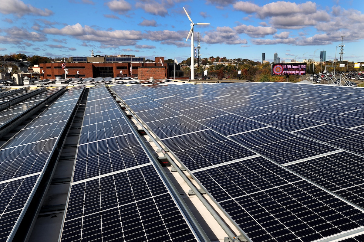 Newly installed Nexamp rooftop solar panels at the Local 103 headquarters in Dorchester, Massachusetts
