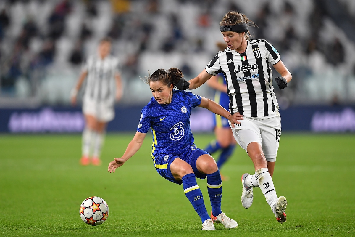 Jessie Fleming of Chelsea FC Women and Sofie Junge Pedersen of Juventus compete in a soccer match at Allianz Stadium in Turin, Italy
