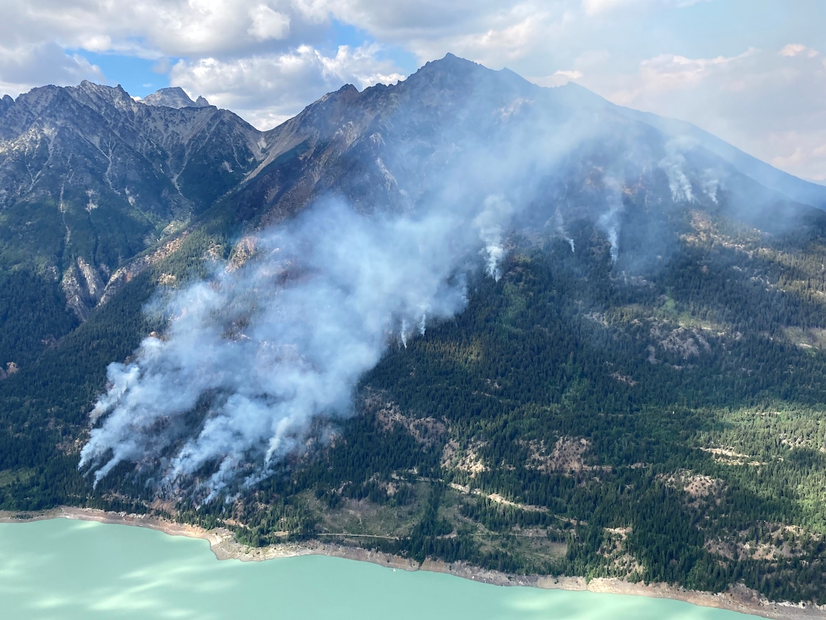 Aerial view of wildfires near Downton Lake, the southern part of British Columbia, Canada