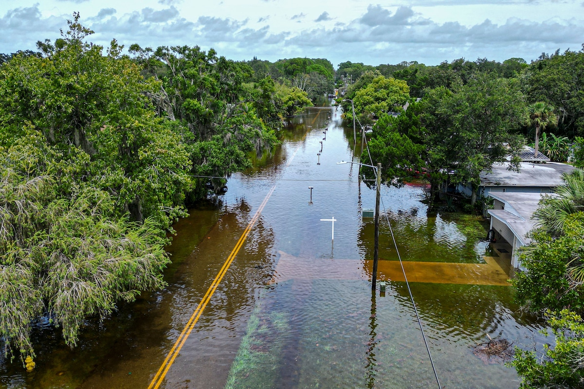 Aerial view of a flooded street in New Port Richey, Florida after Hurricane Idalia made landfall