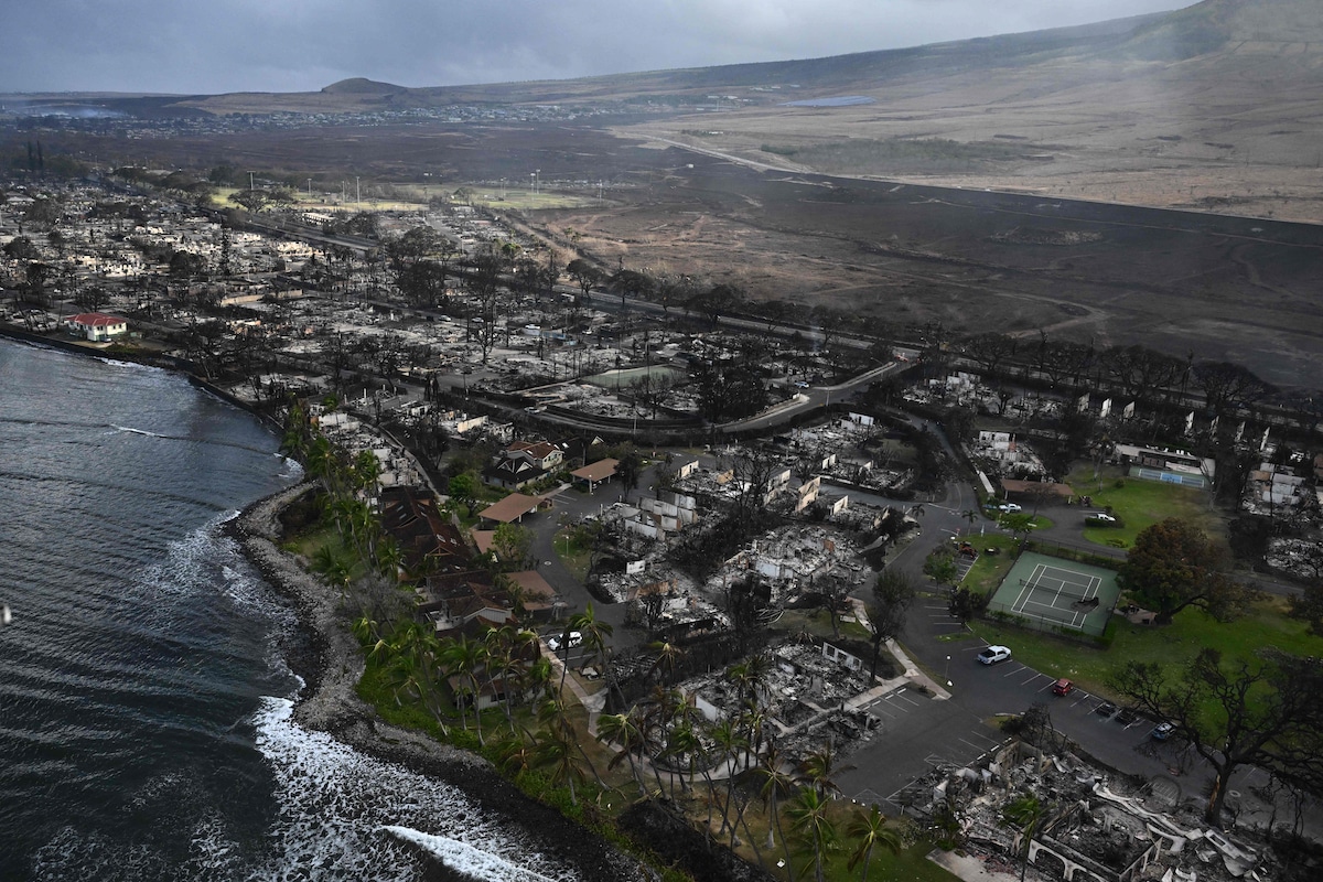 An aerial view shows destruction caused by a wildfire in Lahaina, on the Hawaiian island of Maui