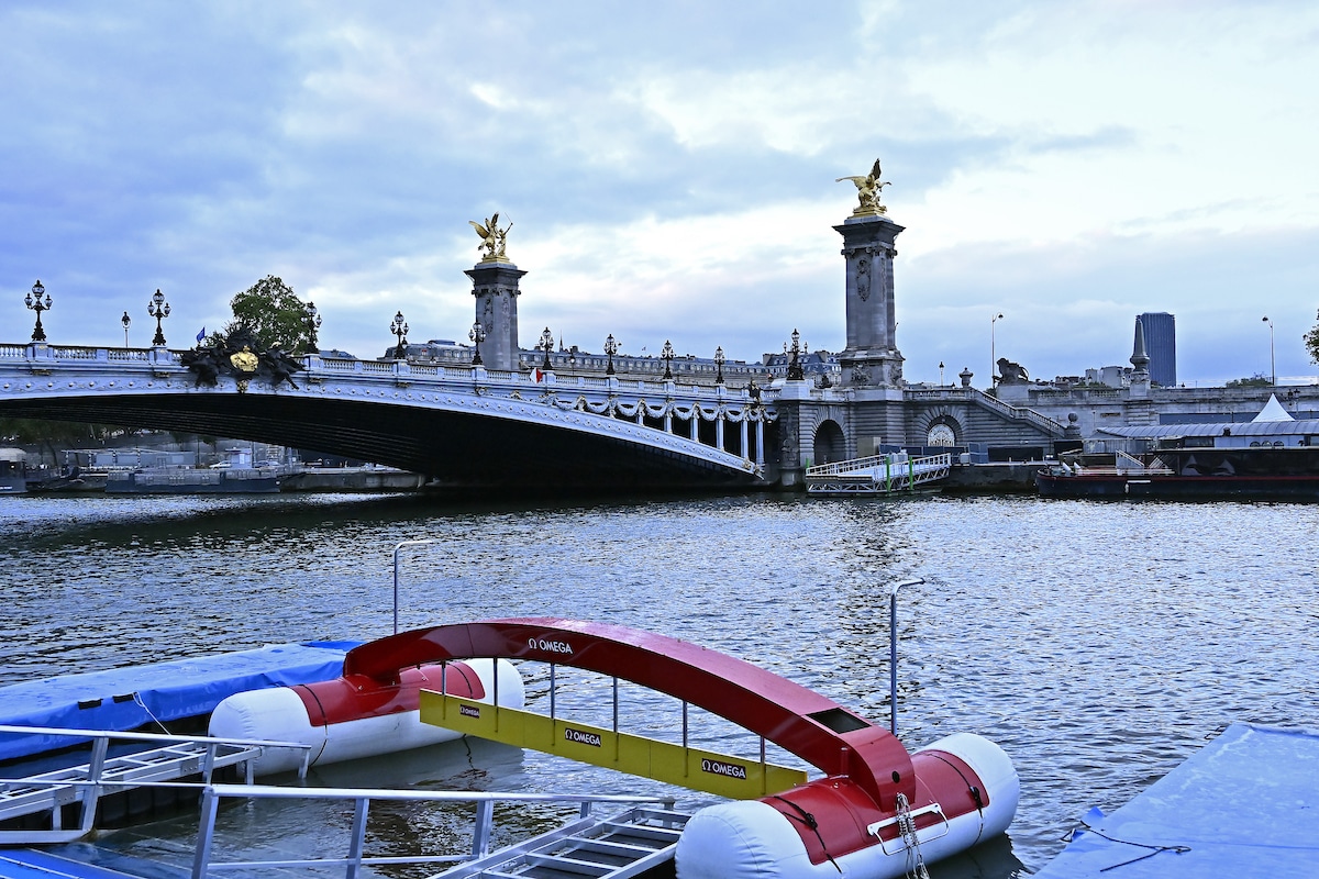 A view of the pontoons setting in front of Alexandre III Bridge after the cancellation of the Open Water Swimming World Cup at River Seine