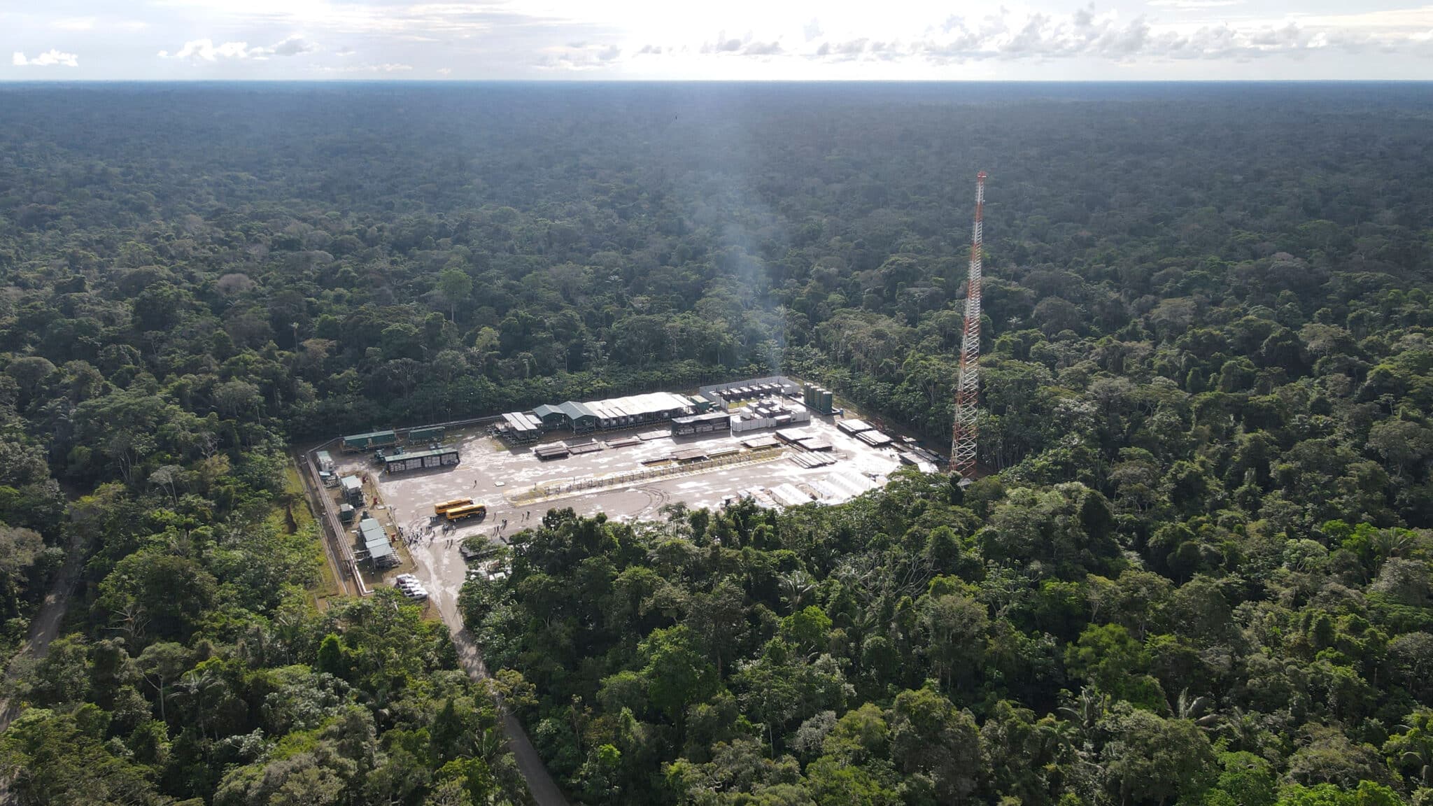 Aerial view of the Tambococha oil platform of state-owned Petroecuador in Yasuní National Park, northeastern Ecuador