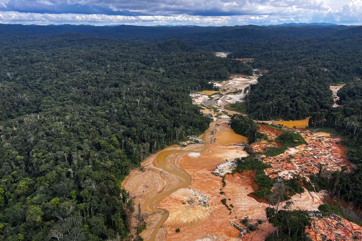 Aerial picture showing an illegal mining camp and deforestation in Brazil's Amazon rainforest