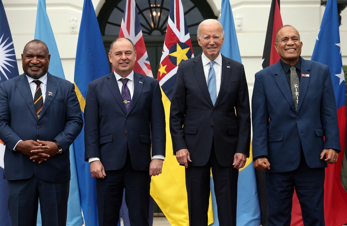 Prime Minister of Papua New Guinea James Marapeand, Prime Minister of the Cook Islands Mark Brown, U.S. President Joe Biden and President of Kiribati Taneti Maamau in a group photo at the Pacific Islands Forum as part of the U.S.-Pacific Islands Forum Summit at the White House in Washington, DC