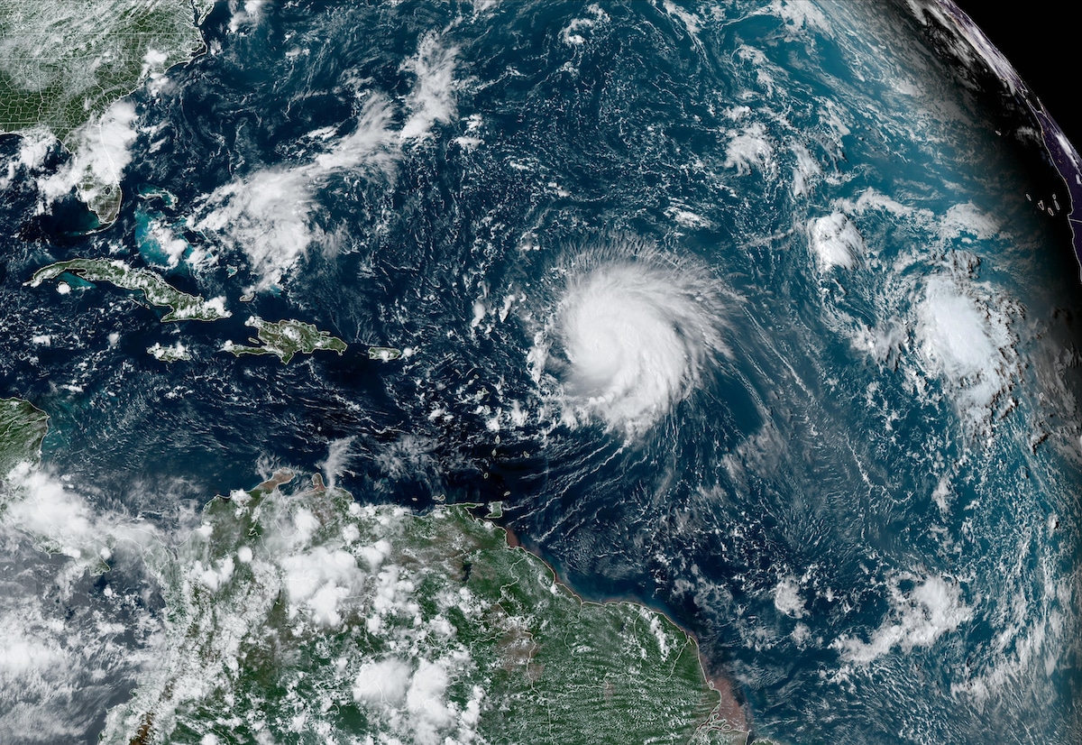 Hurricane Lee crossing the Atlantic Ocean in an NOAA image taken by the GOES satellite