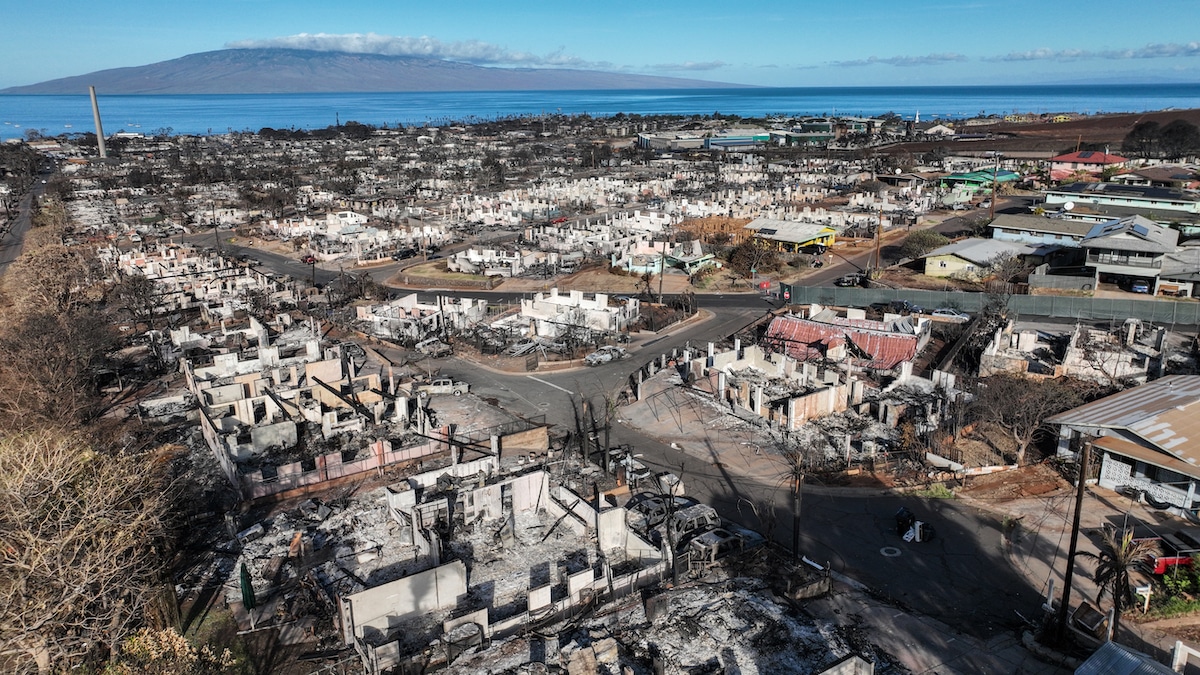 Aerial view of homes and businesses in ruins after a wildfire swept through Lahaina, Maui