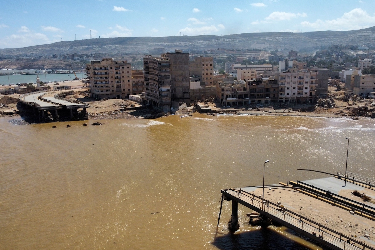 Aerial view of a destroyed bridge in Libya's eastern city of Derna following deadly flash floods