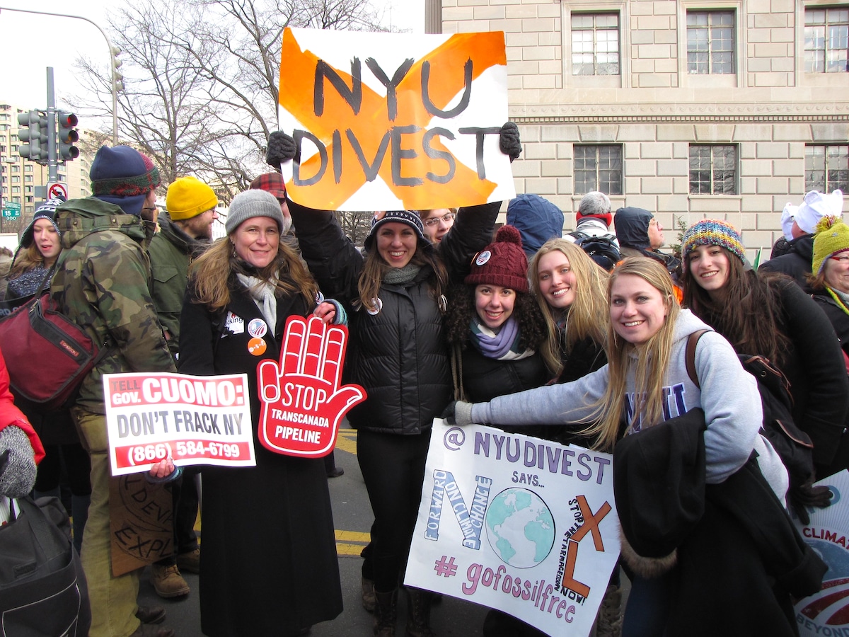 New York University students call for divestment from fossil fuels at a political rally in Washington, DC in 2013