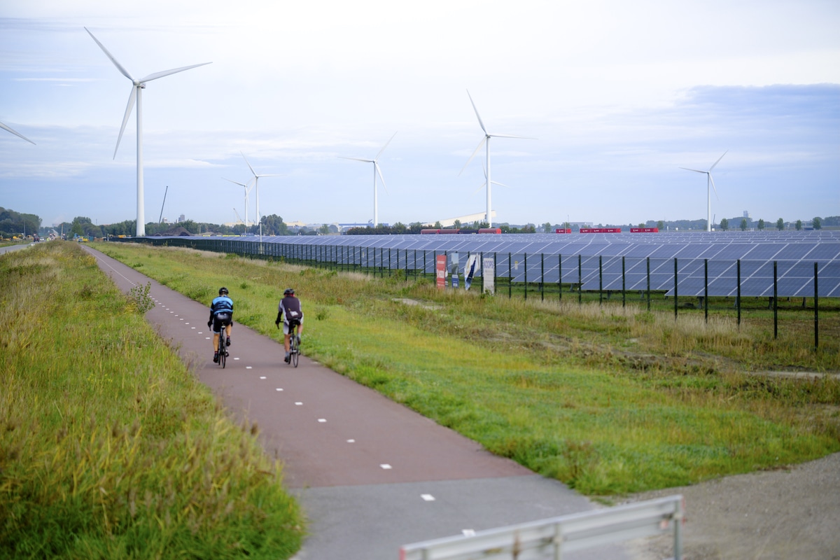 Wind turbines and the Koegorspolder solar farm in Zeeland, the Netherlands