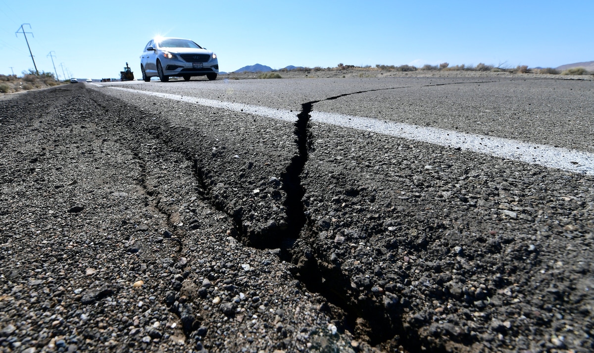 Cracks from an earthquake along Highway 178 from Ridgecrest to Trona in California