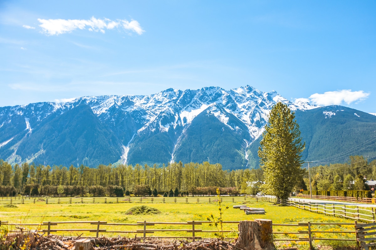 A farmland clearing in Mount Currie, British Columbia, Canada with snowcapped mountains in the background