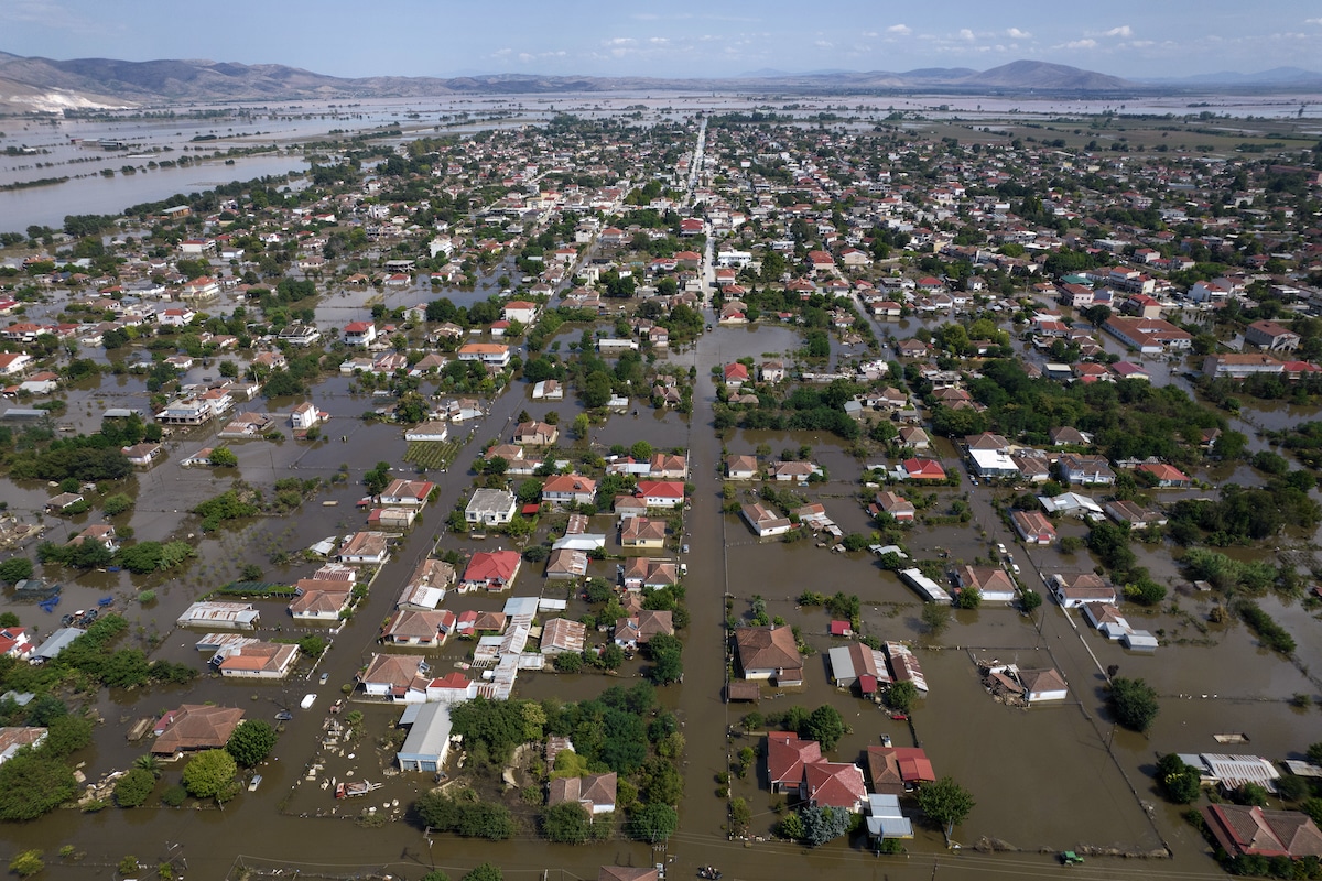 Aerial view of flooding in the village of Palamas, Greece after Cyclone Daniel