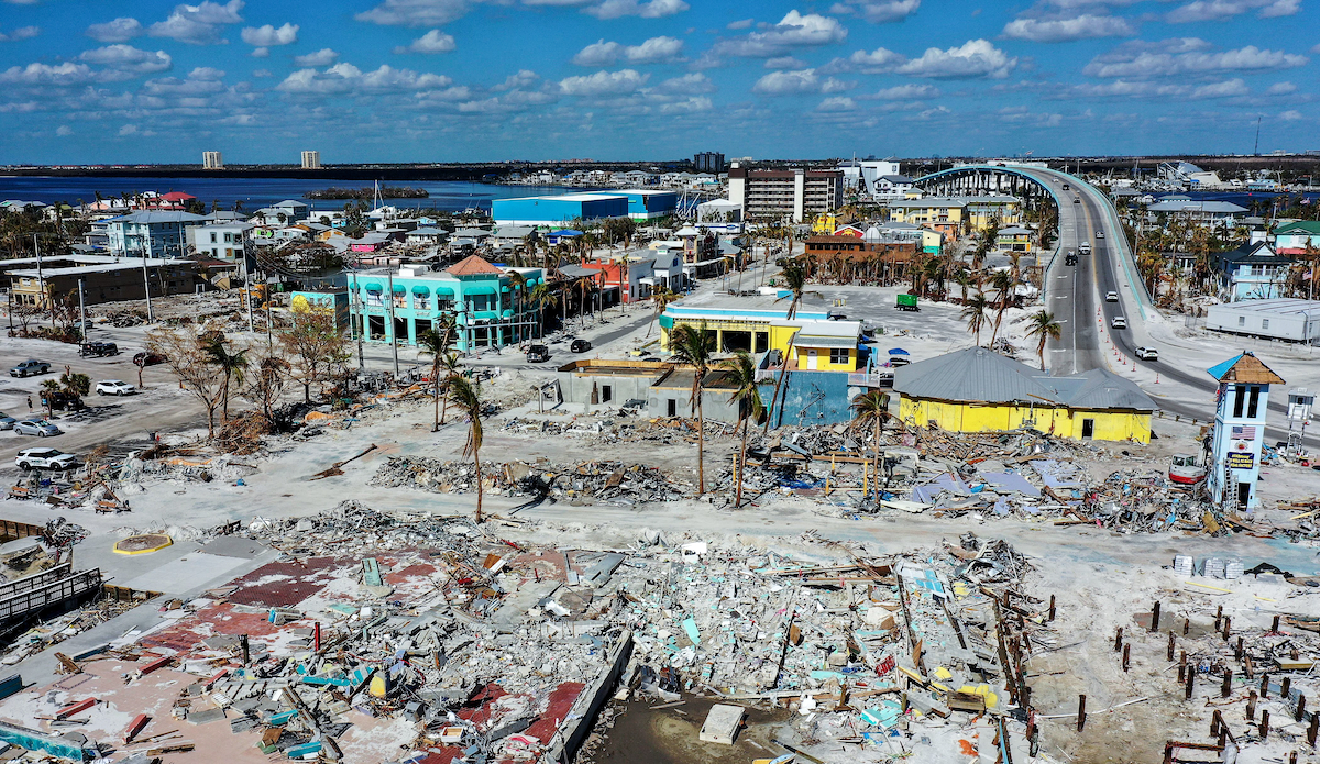 A heavily damaged area near the pier in Fort Myers Beach, Florida a month after Hurricane Ian made landfall as a Category 4 hurricane