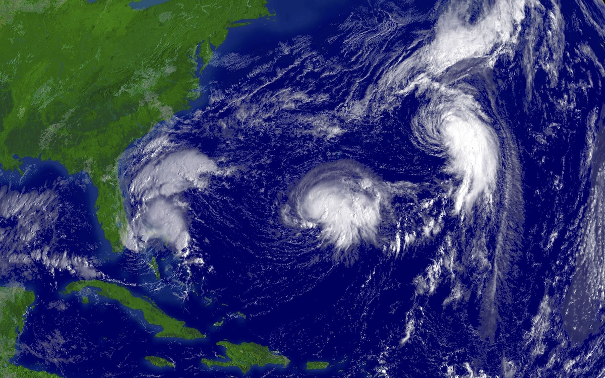 A satellite illustration from NOAA shows Tropical Depression Sixteen off the coast of Florida along with Tropical Storm Nate and Hurricane Maria, in 2005