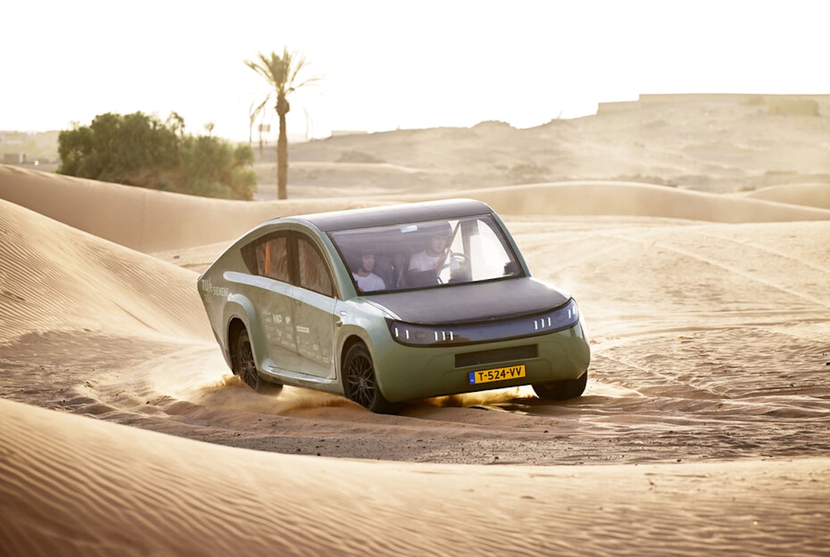 The solar-powered Stella Terra driving on desert sand in Morocco