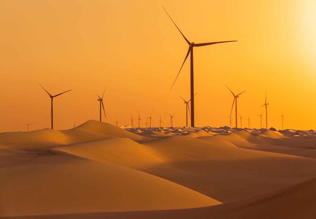 Wind turbines in a desert in the United Arab Emirates