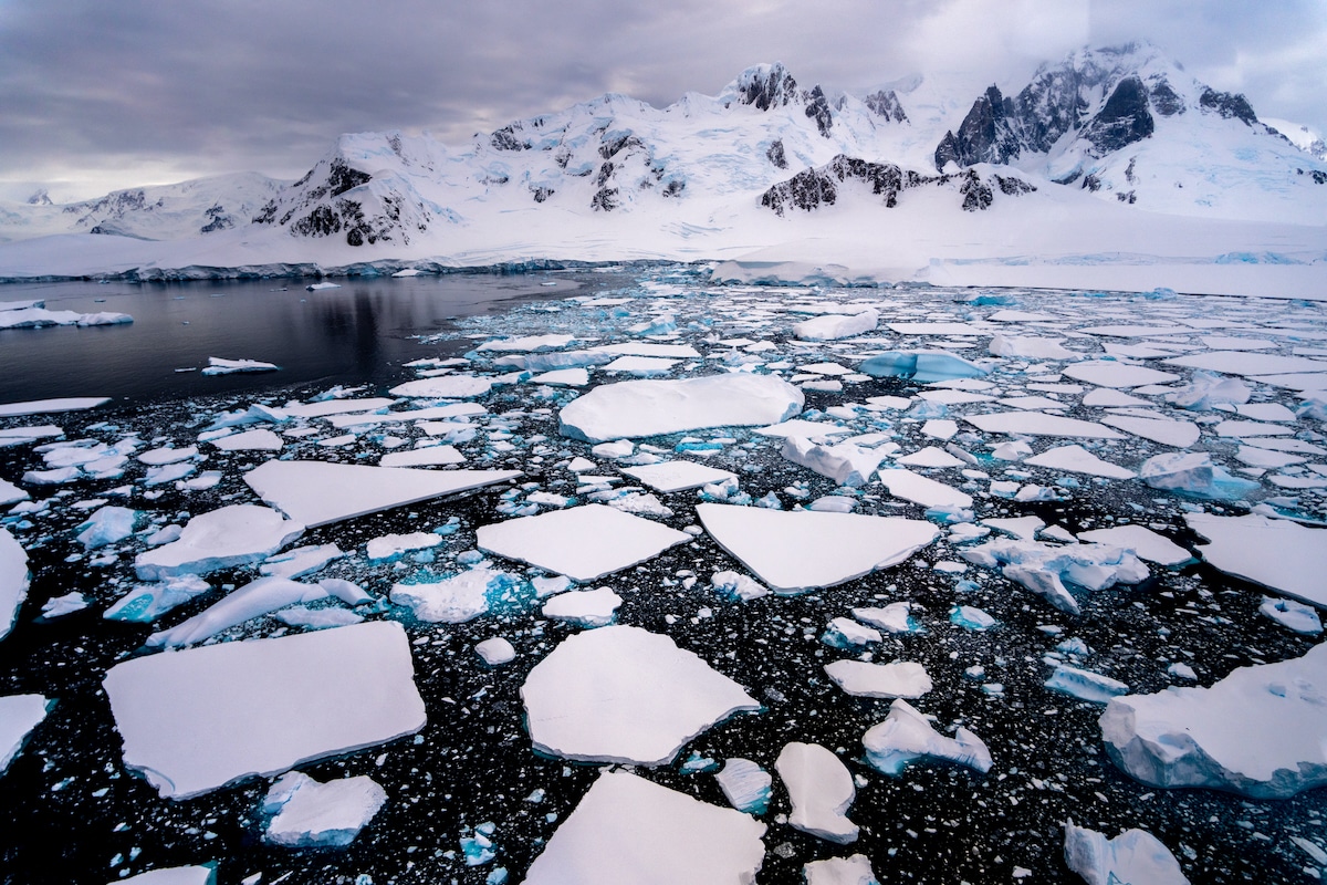 Icebergs and sea ice in Crystal Sound, Antarctica