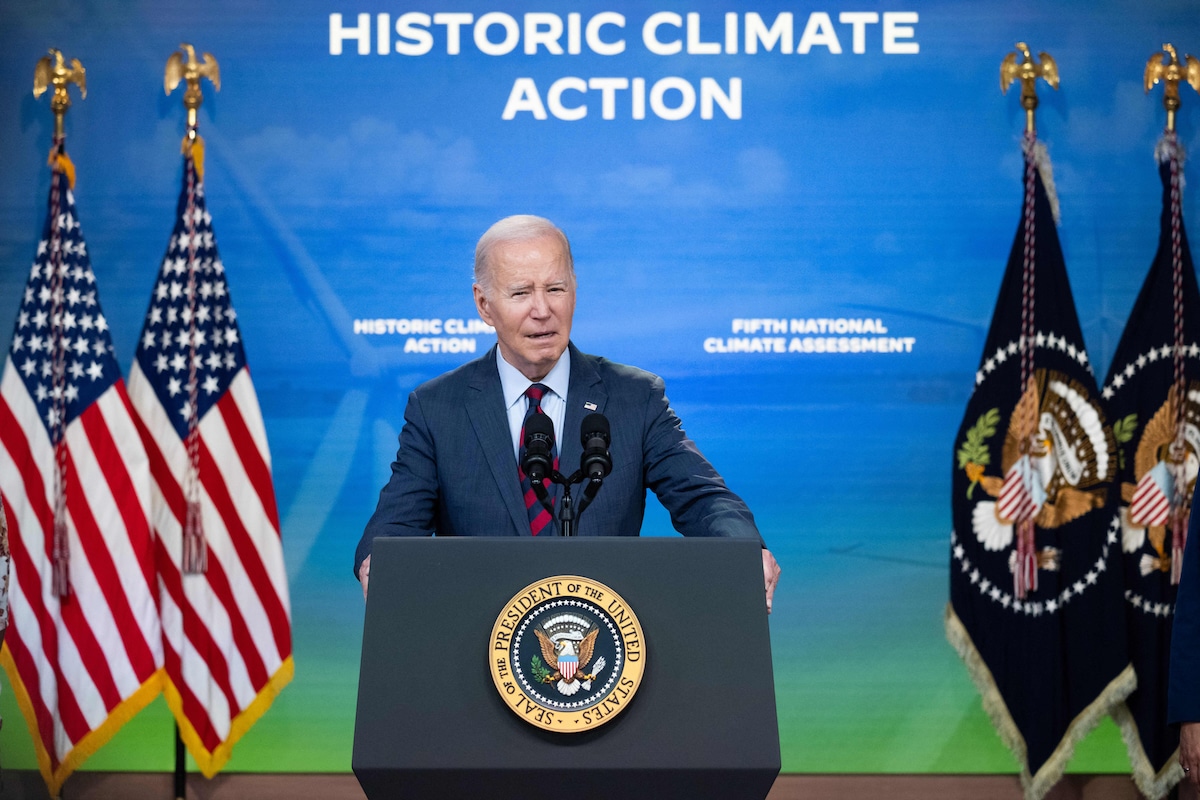 U.S. President Joe Biden delivers remarks on his administration's actions to address the climate crisis in the South Court Auditorium of the White House in Washington, DC