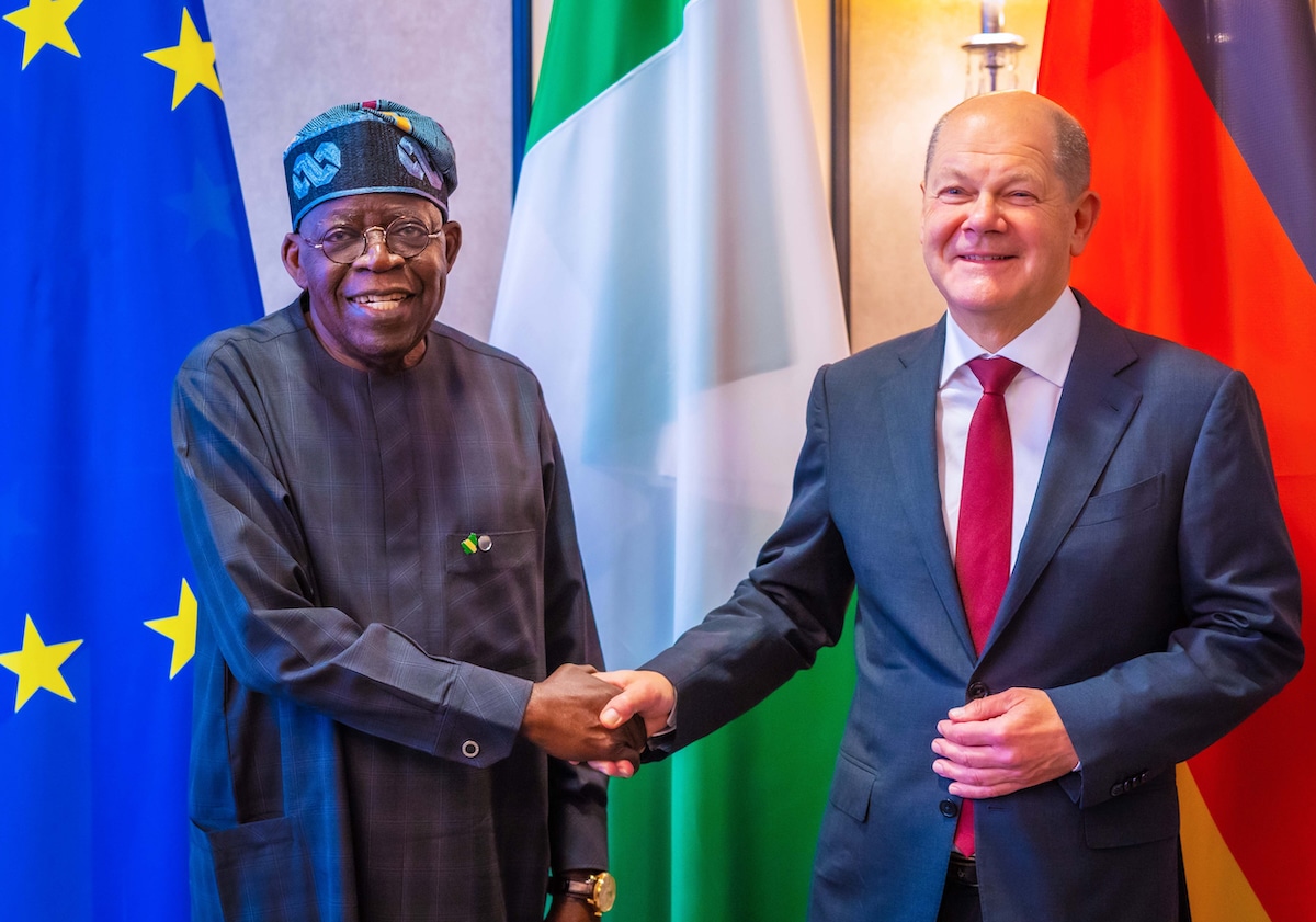 Nigerian President Bola Ahmed Tinubu meets with German Chancellor Olaf Scholz at a German-African investment summit in Berlin, Germany