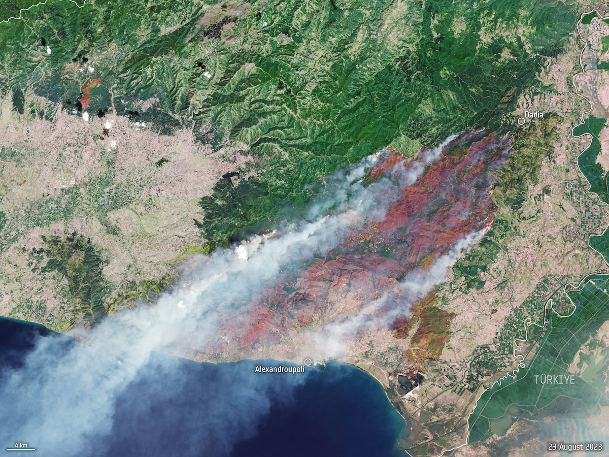 A Copernicus Sentinel-2 satellite image shows a wildfire near Alexandroupoli in the Evros region of northeast Greece