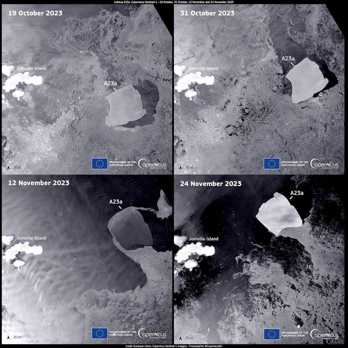 Radar images acquired by the Copernicus Sentinel-1A satellite show the iceberg A23a moving near Joinville Island in Antarctica