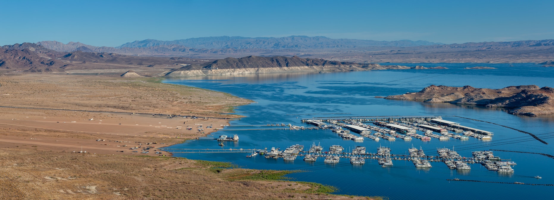 The Hemenway Harbor Marina at Lake Mead, the largest man-made water reservoir in the U.S., at approximately 47% capacity