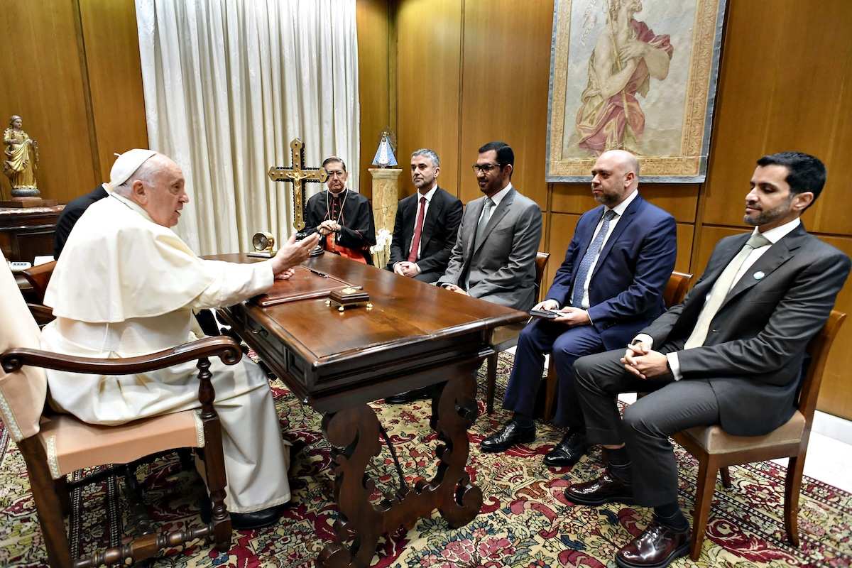 Pope Francis meets with President-Designate of the upcoming COP28 climate talks and Minister of Industry and Advanced Technology of the United Arab Emirates the Sultan Ahmed Al Jaber and delegation during an audience at his Studio of the Paul VI Hall in Vatican City, Vatican