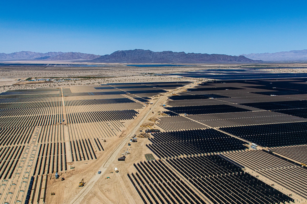 A utility-grade solar farm in the Mojave Desert in Riverside County, California