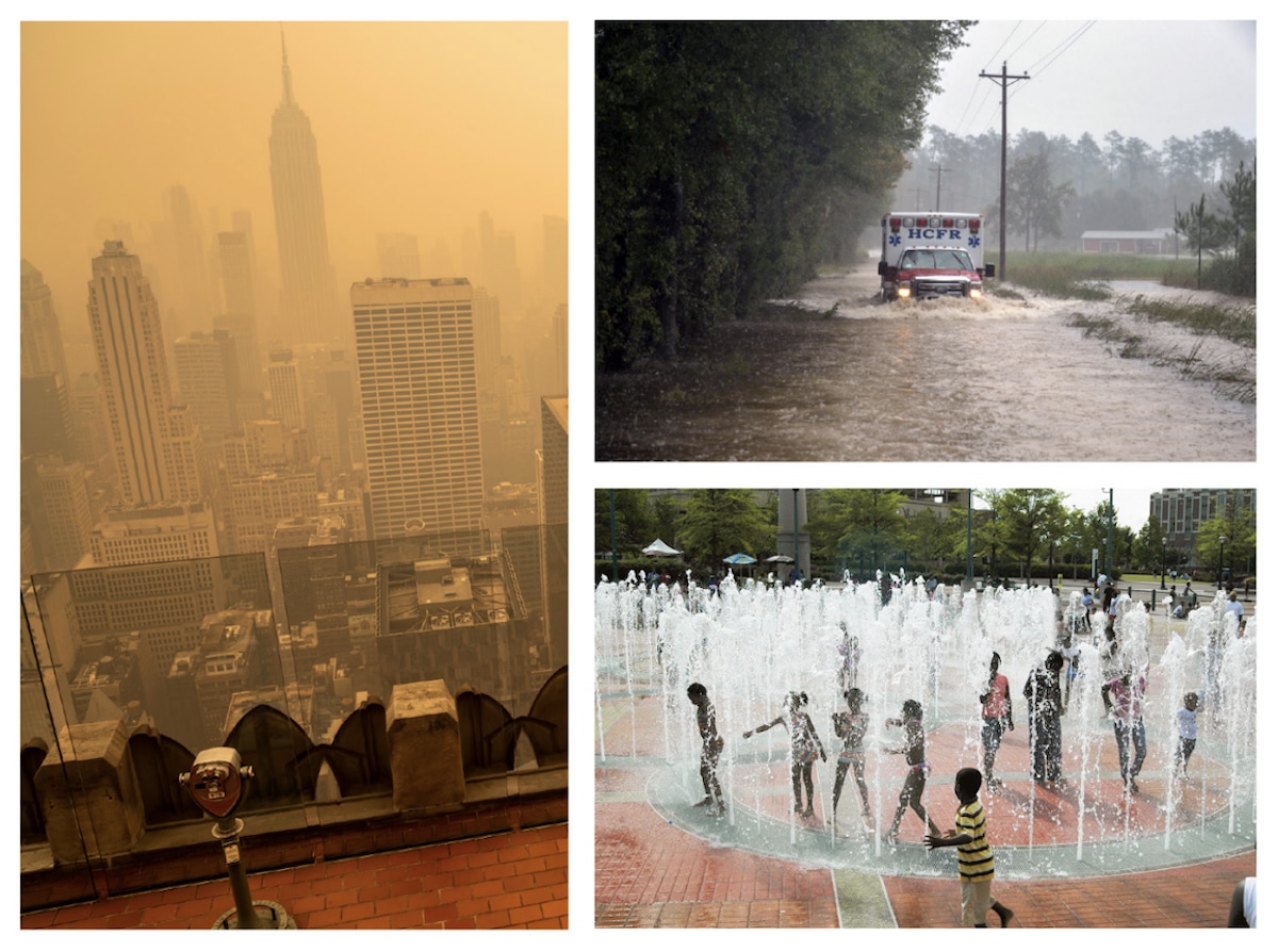 Images from the 2023 National Climate Assessment. In New York City, the Empire State Building is shrouded in a haze caused by smoke from Canadian wildfires. In Charleston, South Carolina, an ambulance drives through floodwaters. In Atlanta, Georgia, heatwaves in the Southeast are happening more frequently. Park amenities, such as trees and splash pads, help cool people on hot days