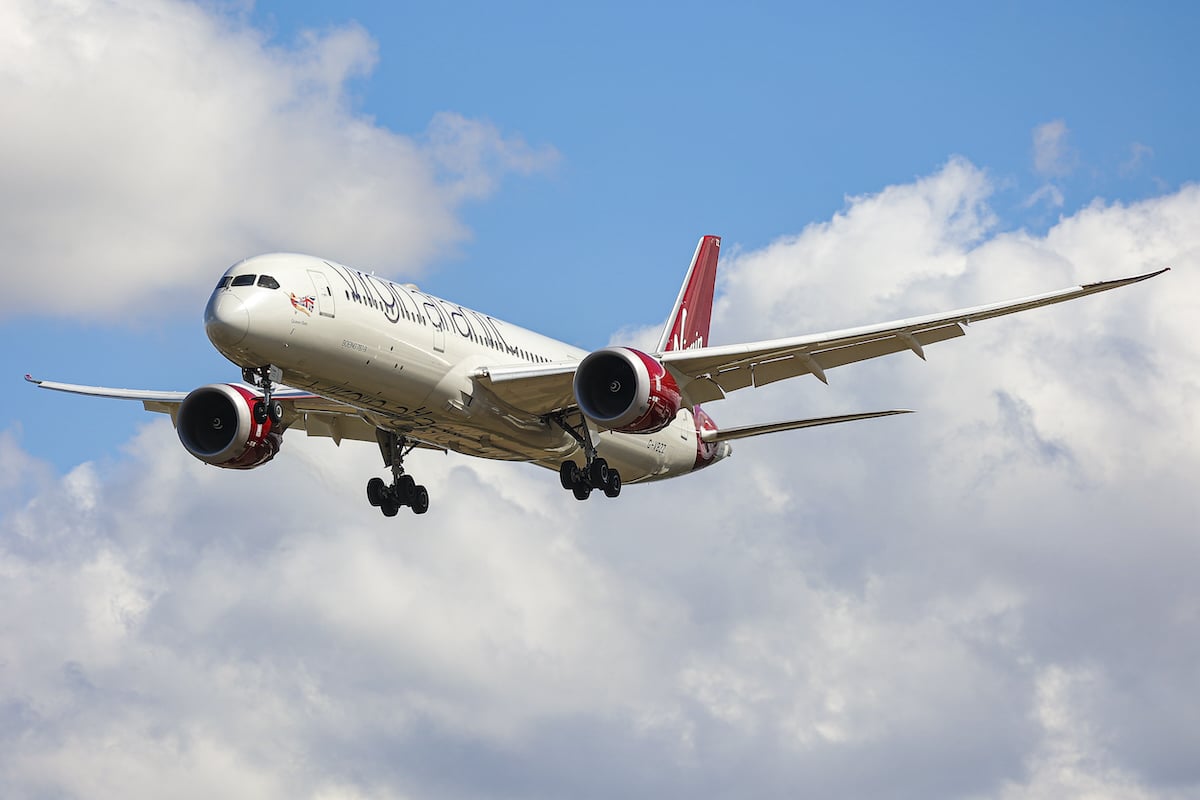 A Virgin Atlantic Airways Boeing 787 Dreamliner flies over London Heathrow Airport