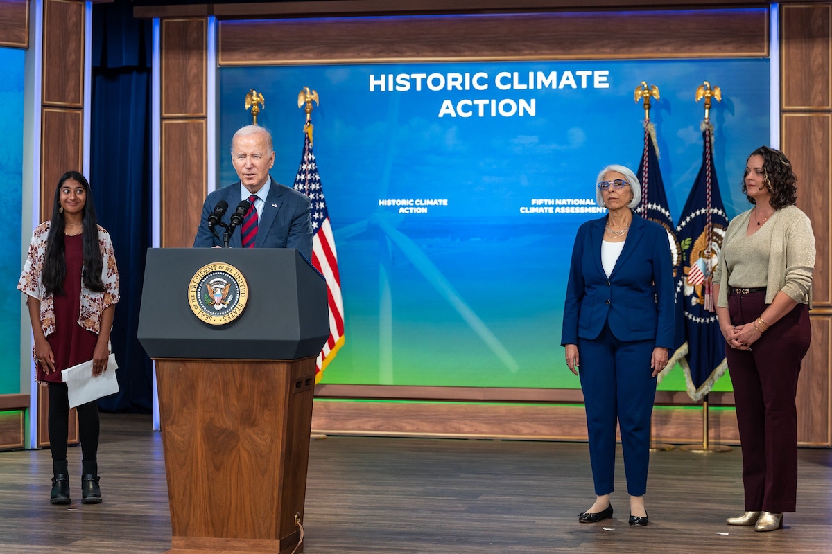 President Joe Biden delivers remarks on his administration’s efforts to address climate change and investments in climate resilience at the White House