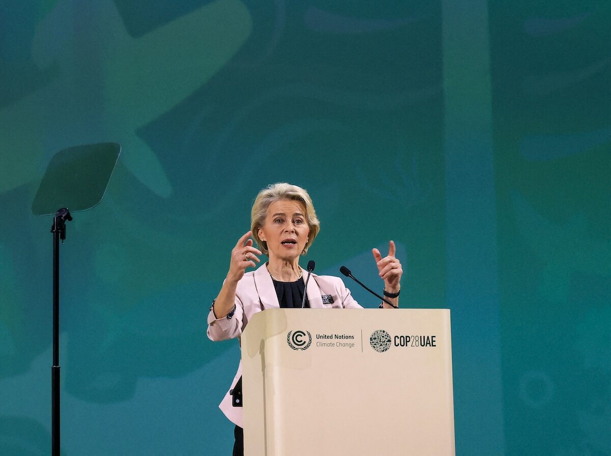 European Commission President Ursula von der Leyen speaks during the Tripling Renewable Energy and Doubling Energy Efficiency by 2030 session at COP28 in Dubai