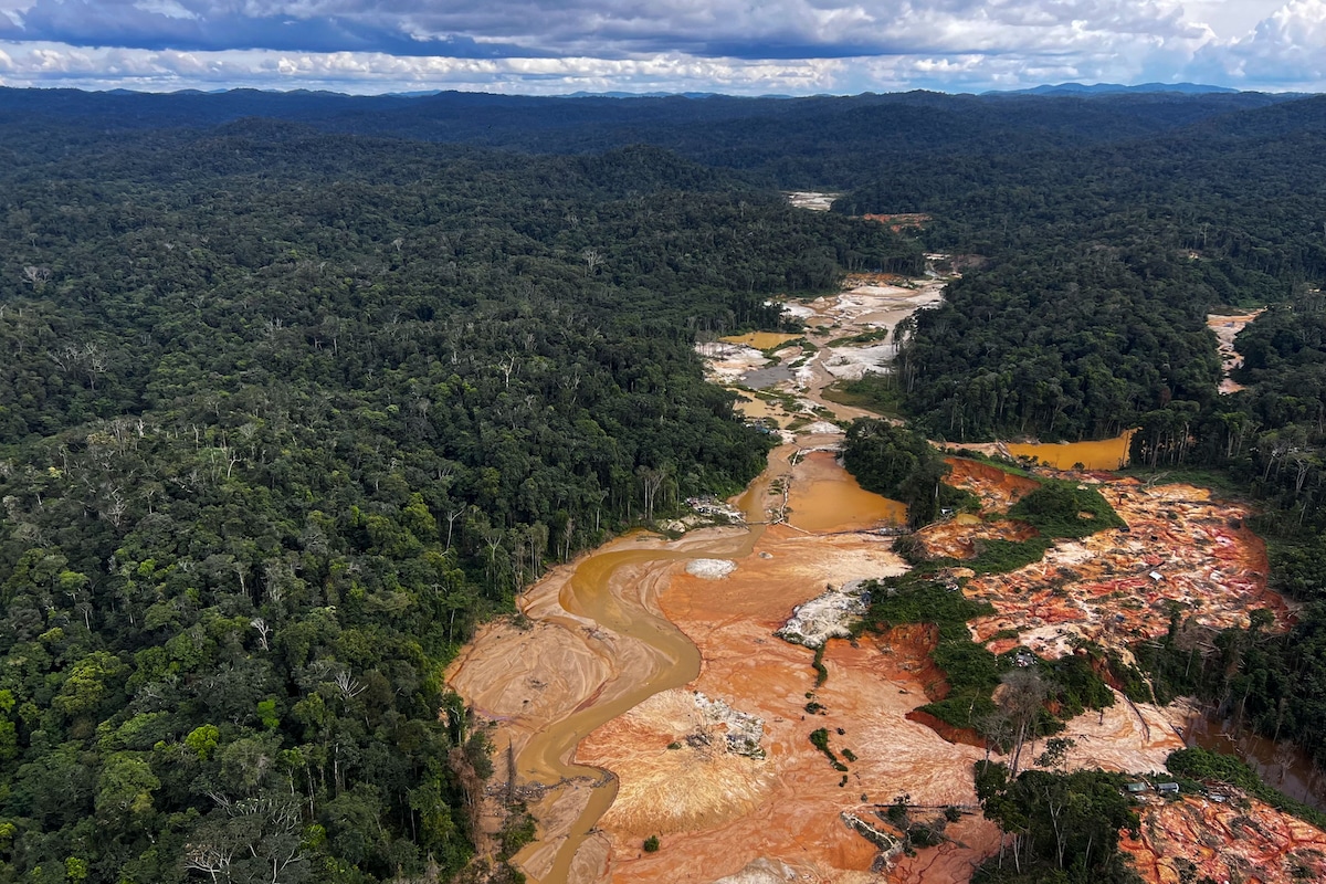 Aerial photo of an illegal mining camp during an operation by the Brazilian Institute of Environment and Renewable Natural Resources (IBAMA) against Amazon deforestation at the Yanomami territory in Roraima State, Brazil