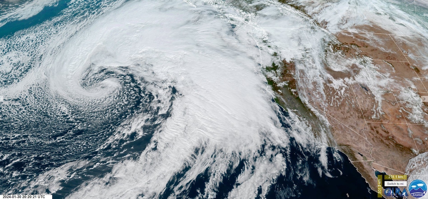 Satellite image of the first of two atmospheric rivers set to hit California this week