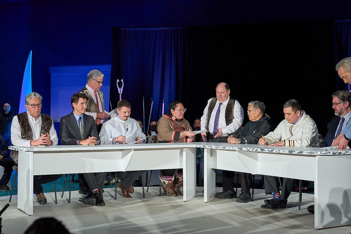 Premier of Nunavut P.J. Akeeagok at the signing of the Nunavut Lands and Resources Devolution Agreement in the Nunavut capital Iqaluit
