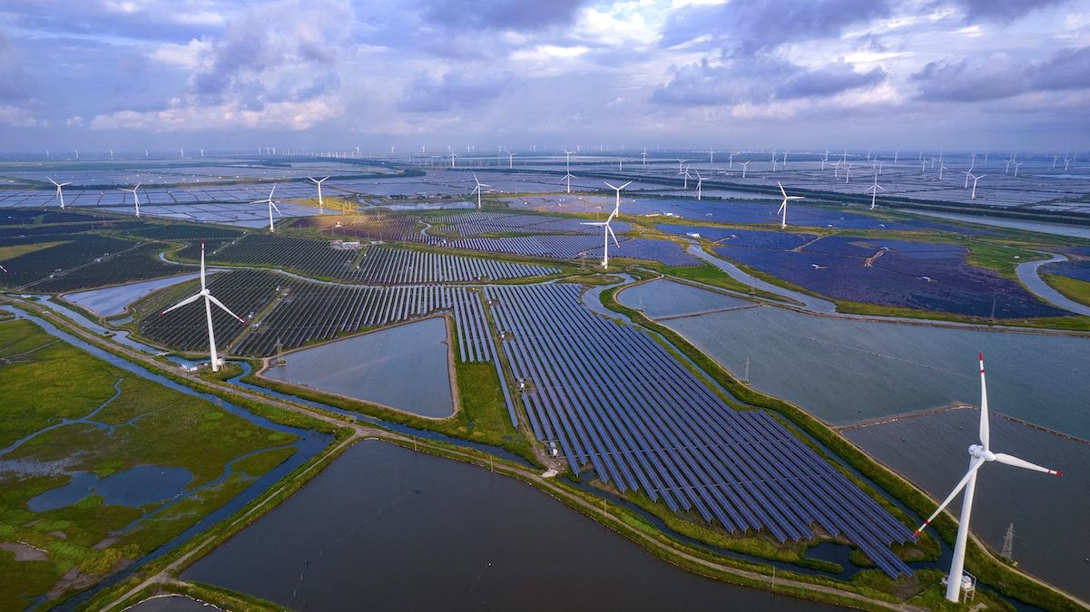 Wind turbines and solar panels a coastal tidal flat energy industry demonstration base in Yancheng City, Jiangsu province, China