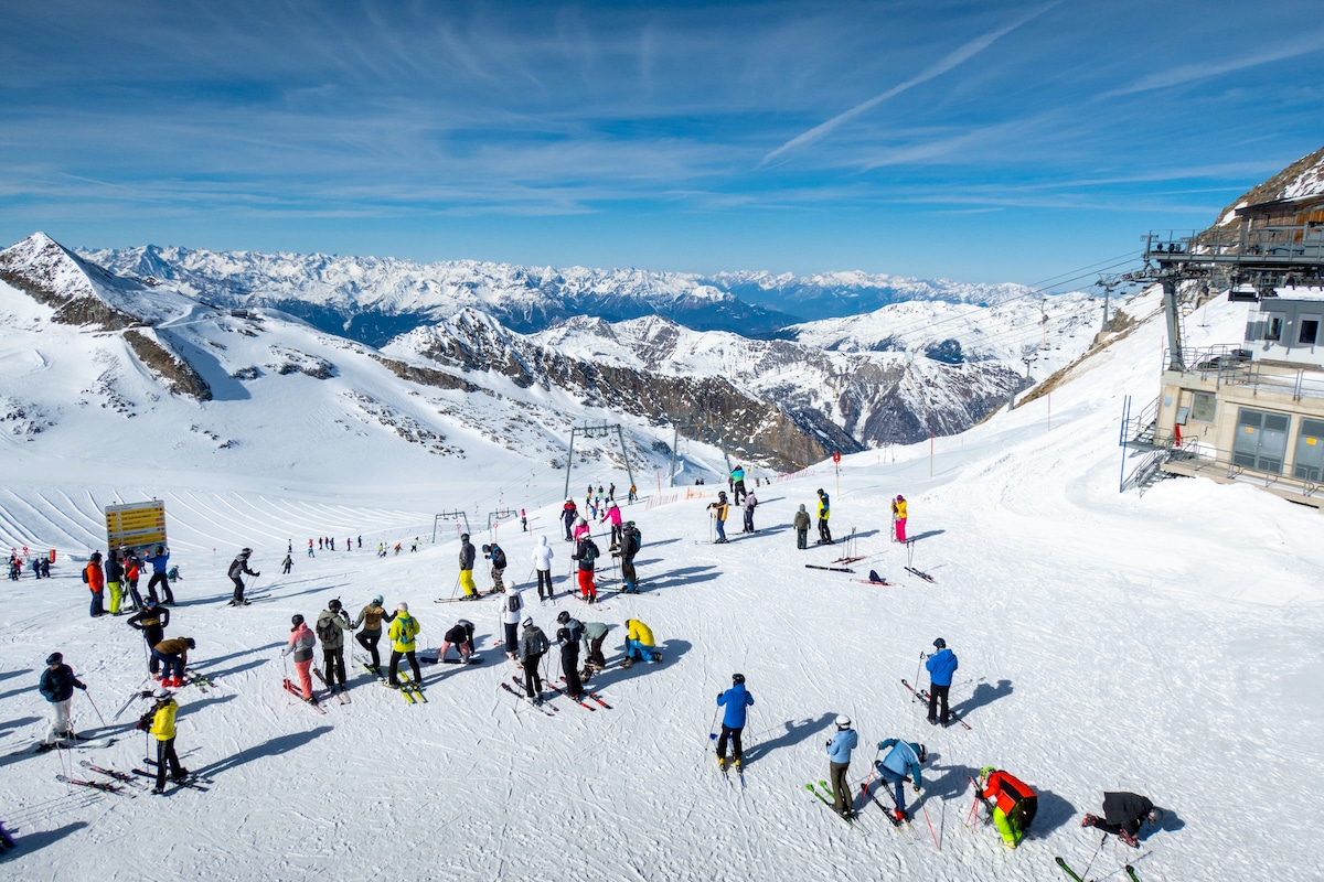Overhead view of many skiers at a resort in the Austrian Alps
