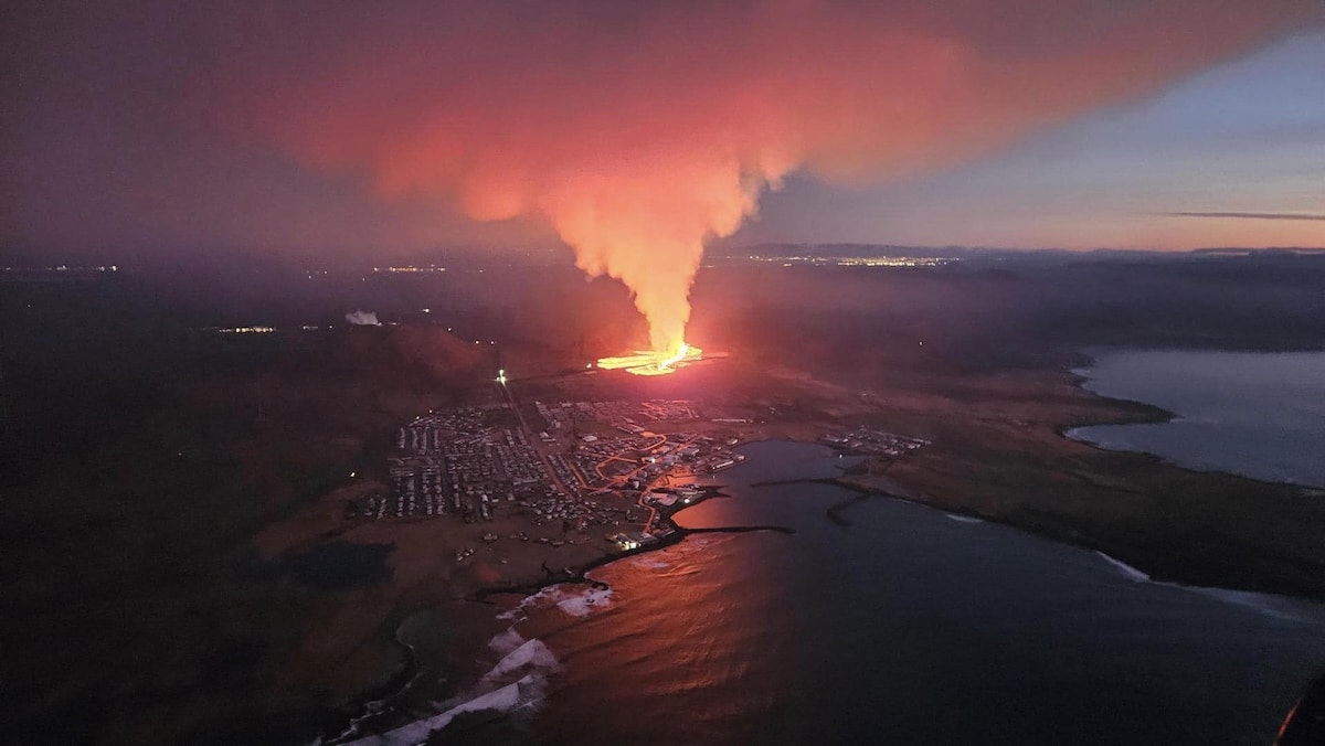 An aerial view shows lava after a volcano eruption near Sundhnukagigar, Iceland