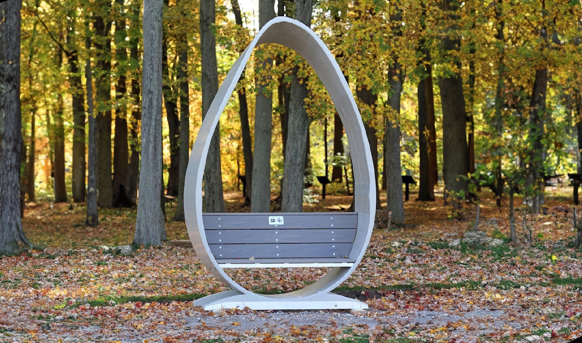 The Canvus company's Deborah Cove covered bench, built with a wind turbine blade