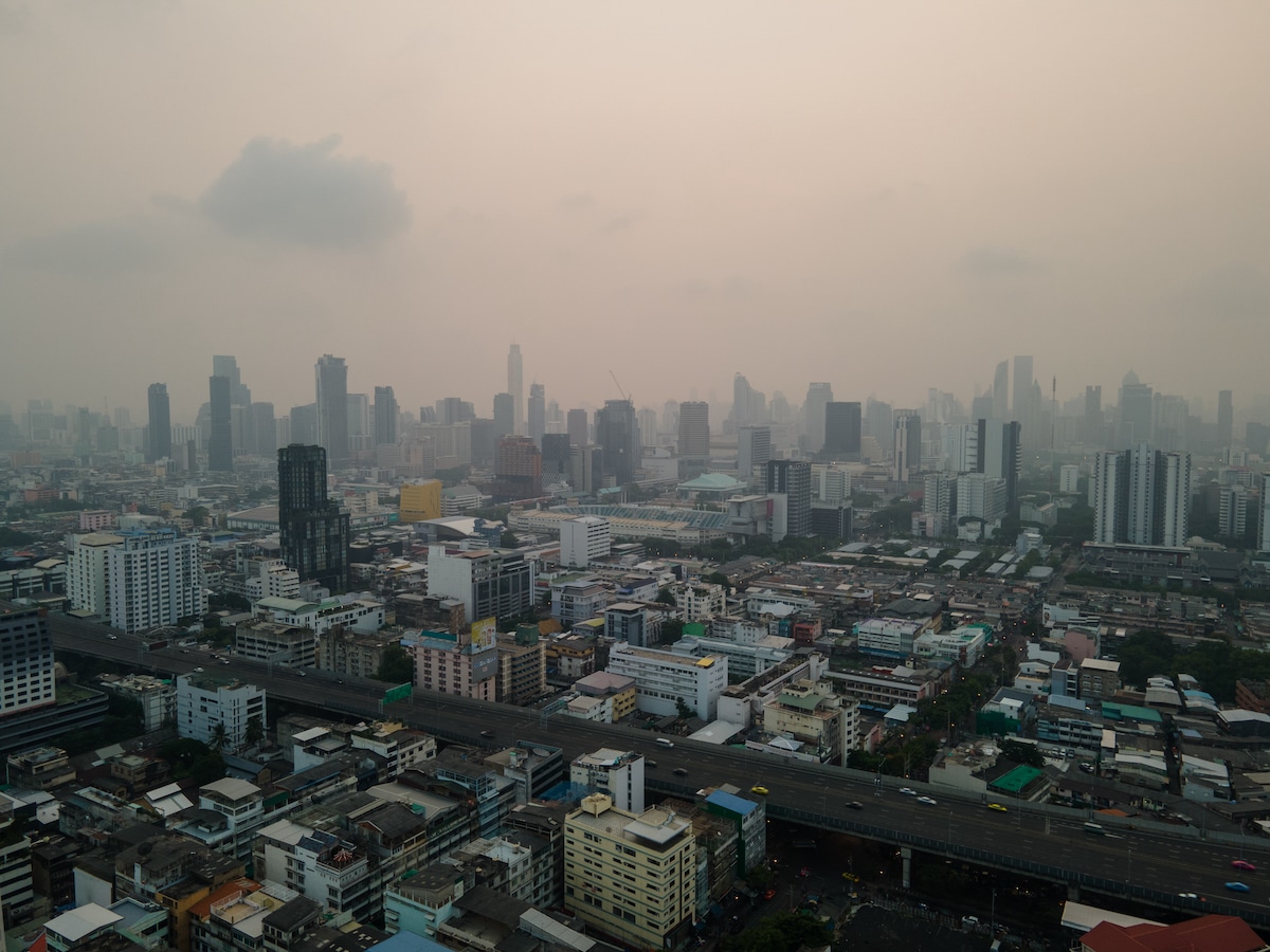 General view of the downtown area of Bangkok, Thailand blanketed in a thick PM2.5 fog during sunrise